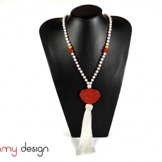 Necklace designed with red lotus pendants, white tassel